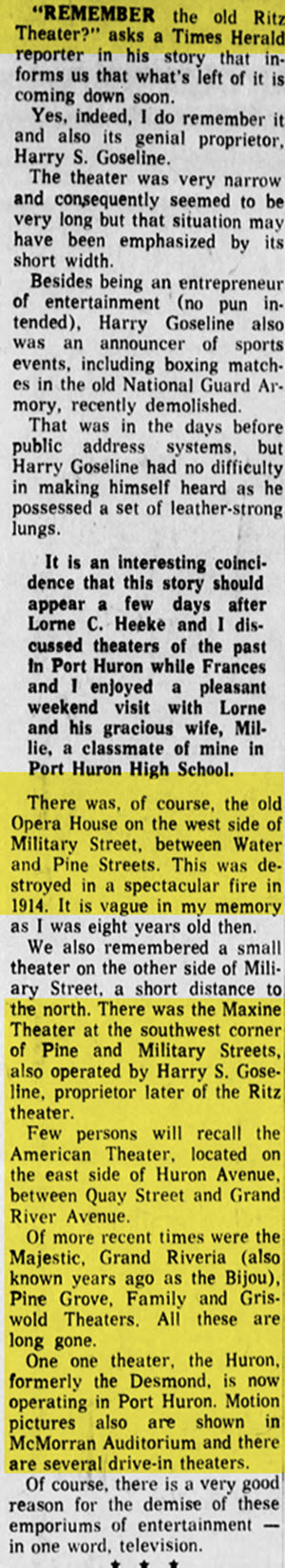 Sun Dec 1969 article about port huron theaters Maxine Theatre, Port Huron